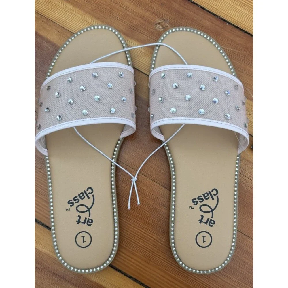 Art Class Girls' Slide Sandals Blush Rhinestone Flexible Outsole Open Toe Size 1